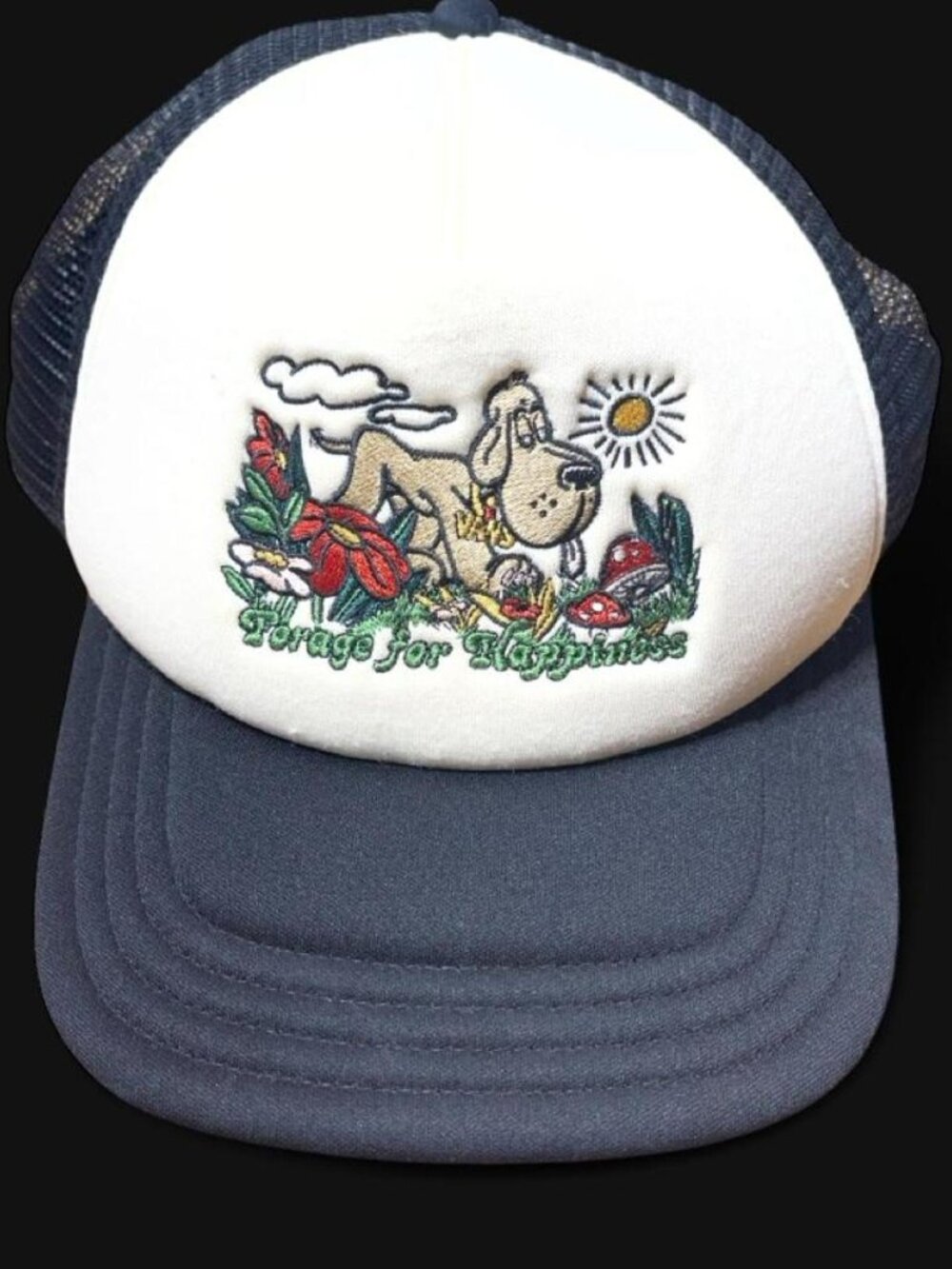 Vans "Forage for Happiness" Dog Floral Mushroom Trucker Hat Black White Snapback